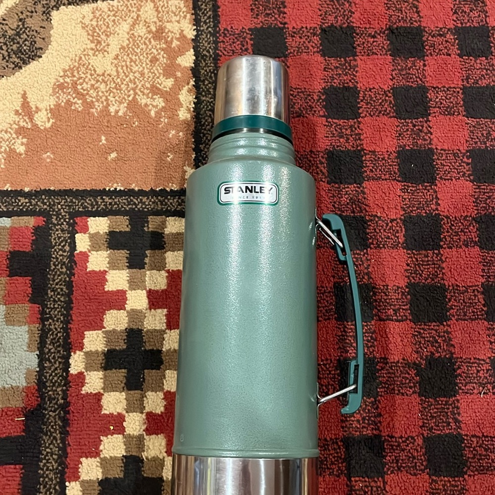 Vintage large size green Stanley thermos with handle